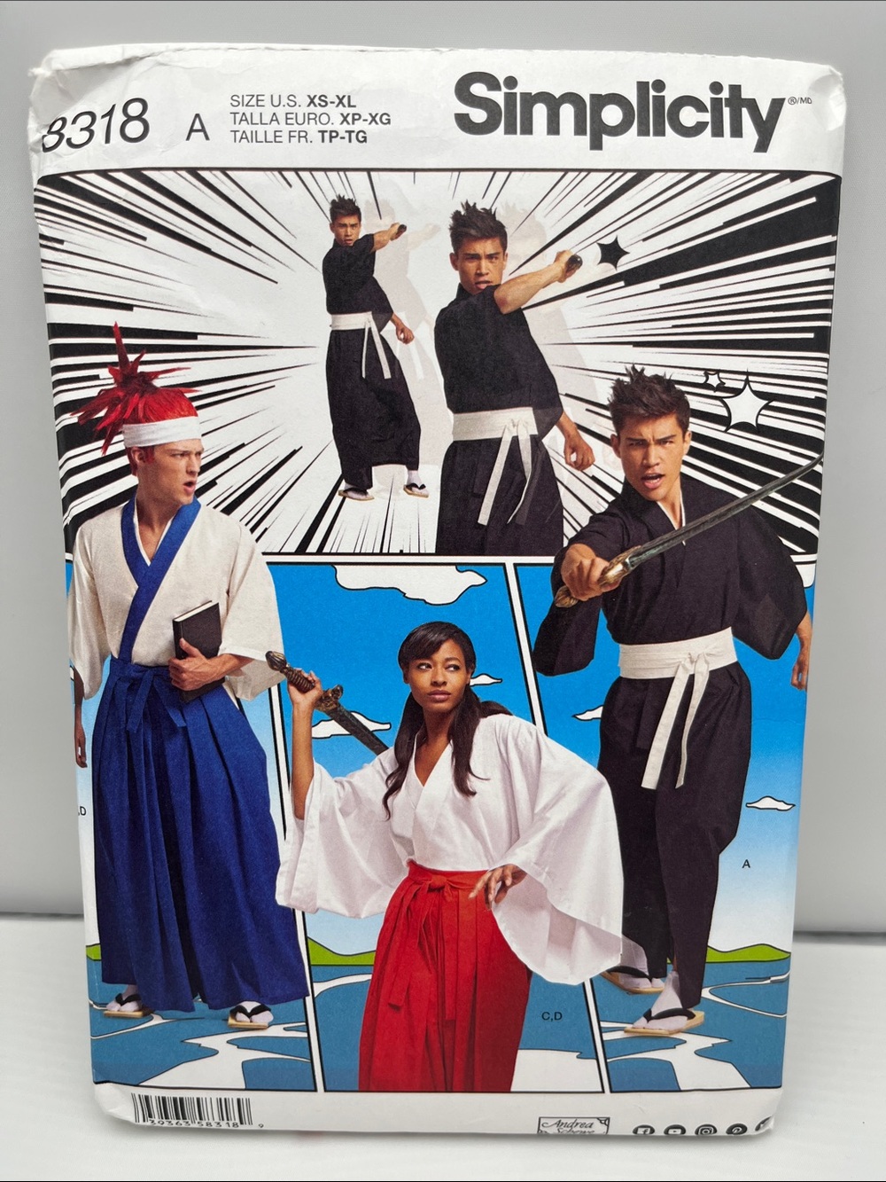 Simplicity Kids Samurai & Hakama Costume Set - Black, White, Red, Blue pattern